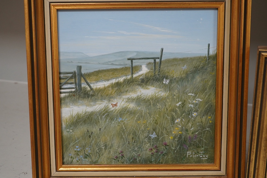 Peter Jay (b.1936), two oils on board, including ‘Stile on the South Downs’, each signed, 19.5 x 19.5cm, gilt framed. Condition - good